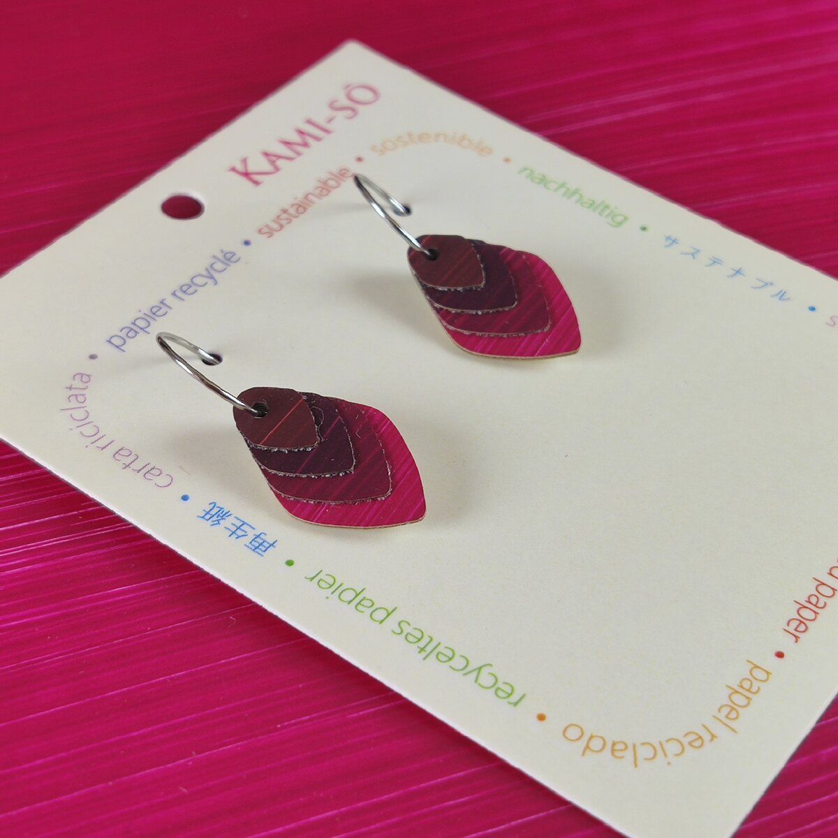 Diamond Layered Recycled Paper Earrings - Magenta