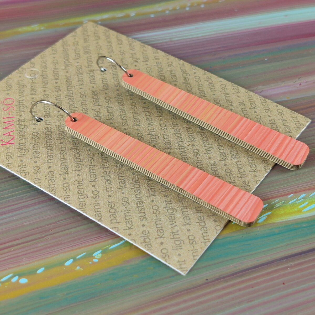 Reversible Paddle Recycled Paper Earrings - Muted Multicolour Stripes / Peach Stripes