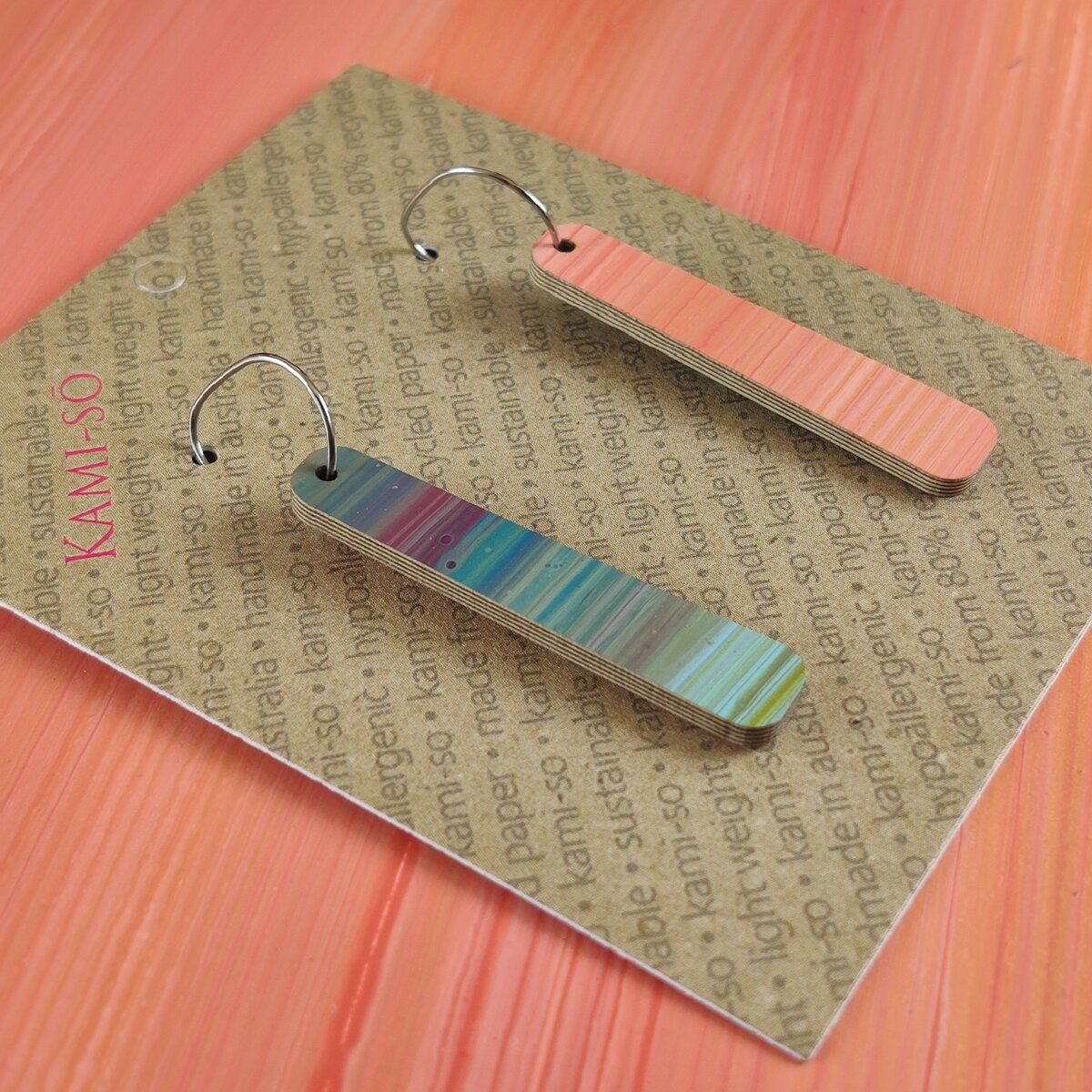 Reversible Paddle Recycled Paper Earrings - Muted Multicolour Stripes / Peach Stripes