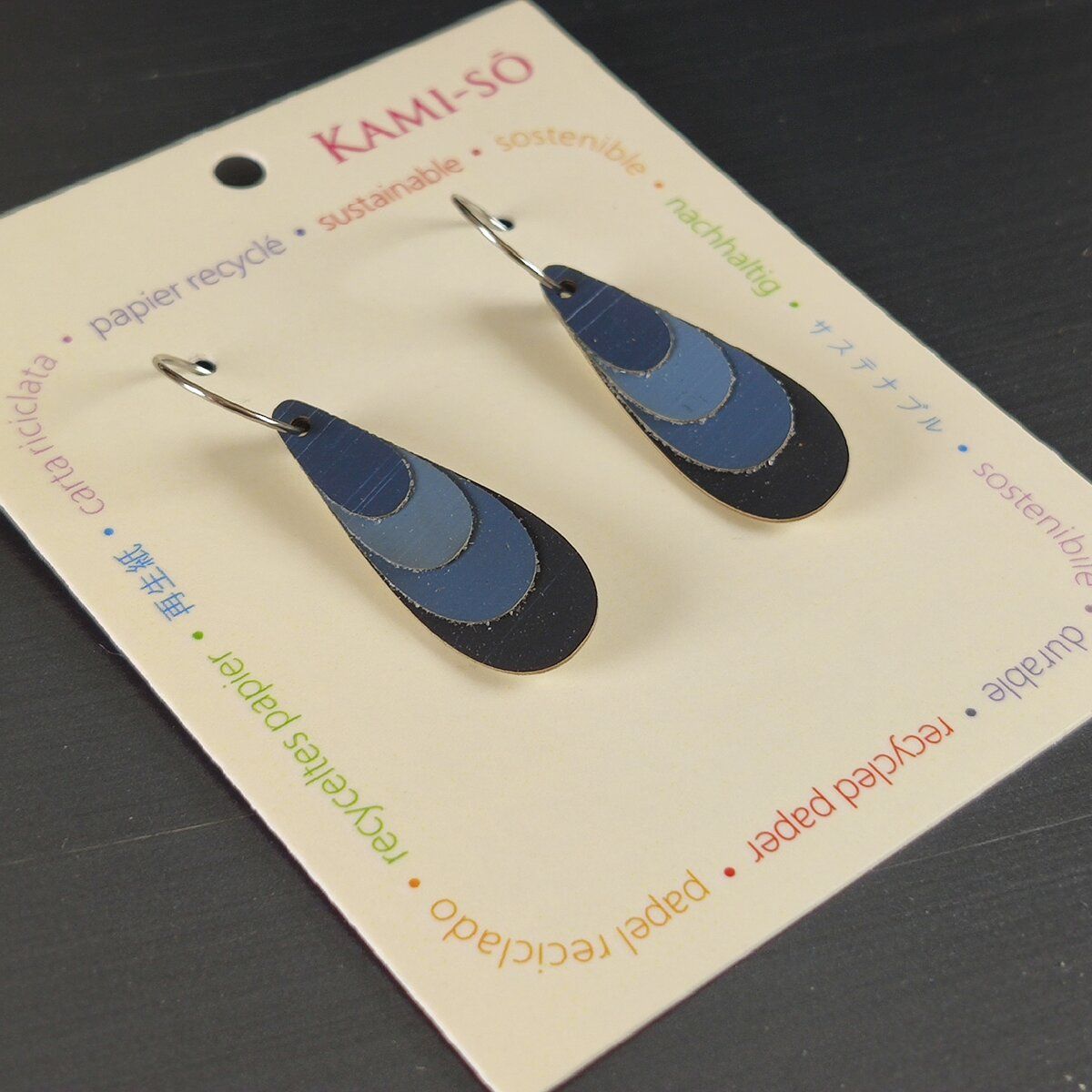 Teardrop Layered Recycled Paper Earrings - Navy