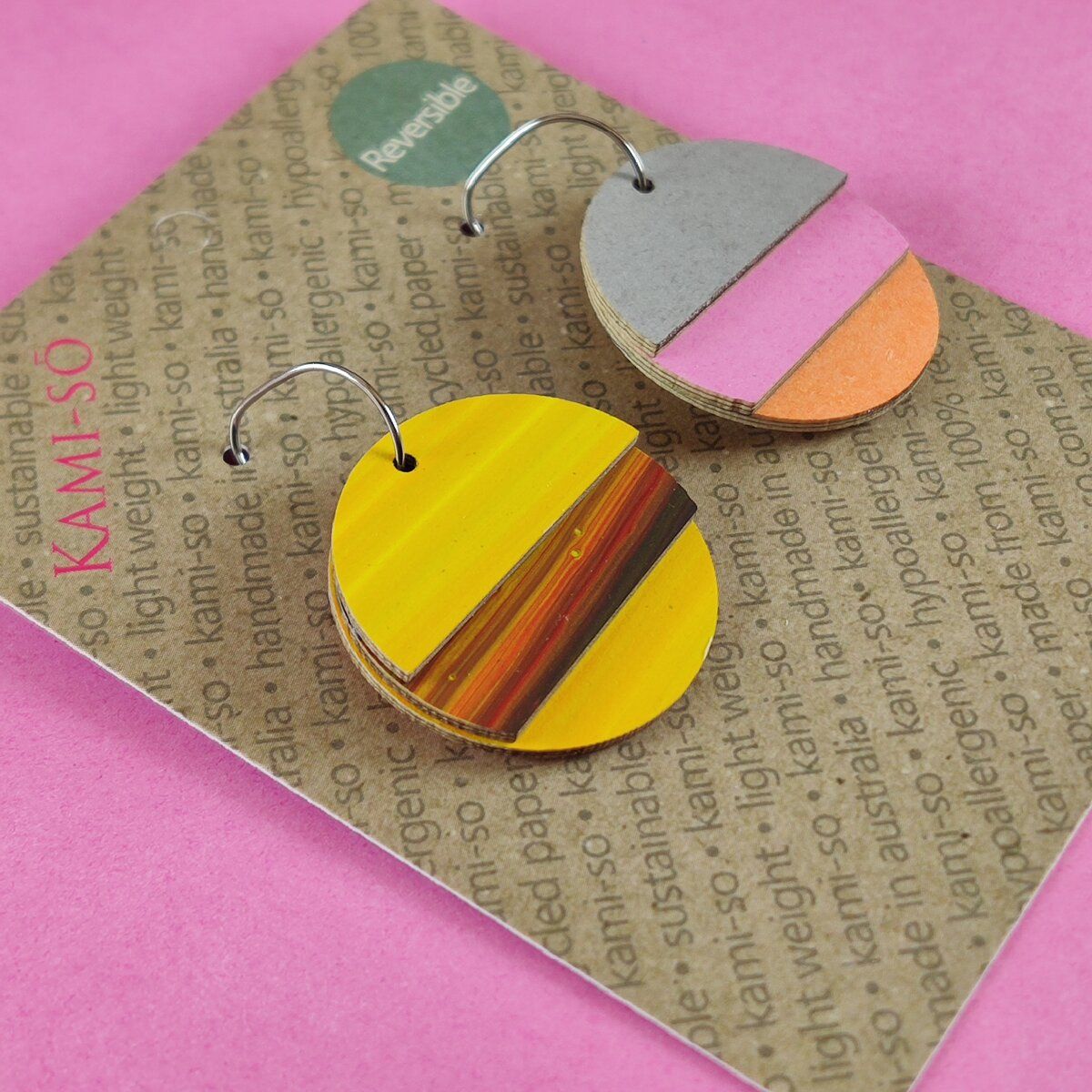 Reverse-A-Tile Fan Circle Recycled Paper Earrings - Yellow & Multicolour Stripe / Light Grey, Pink & Orange