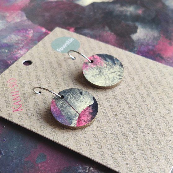 Reversible Circle Recycled Paper Earrings - Multicolour / Dark Purple