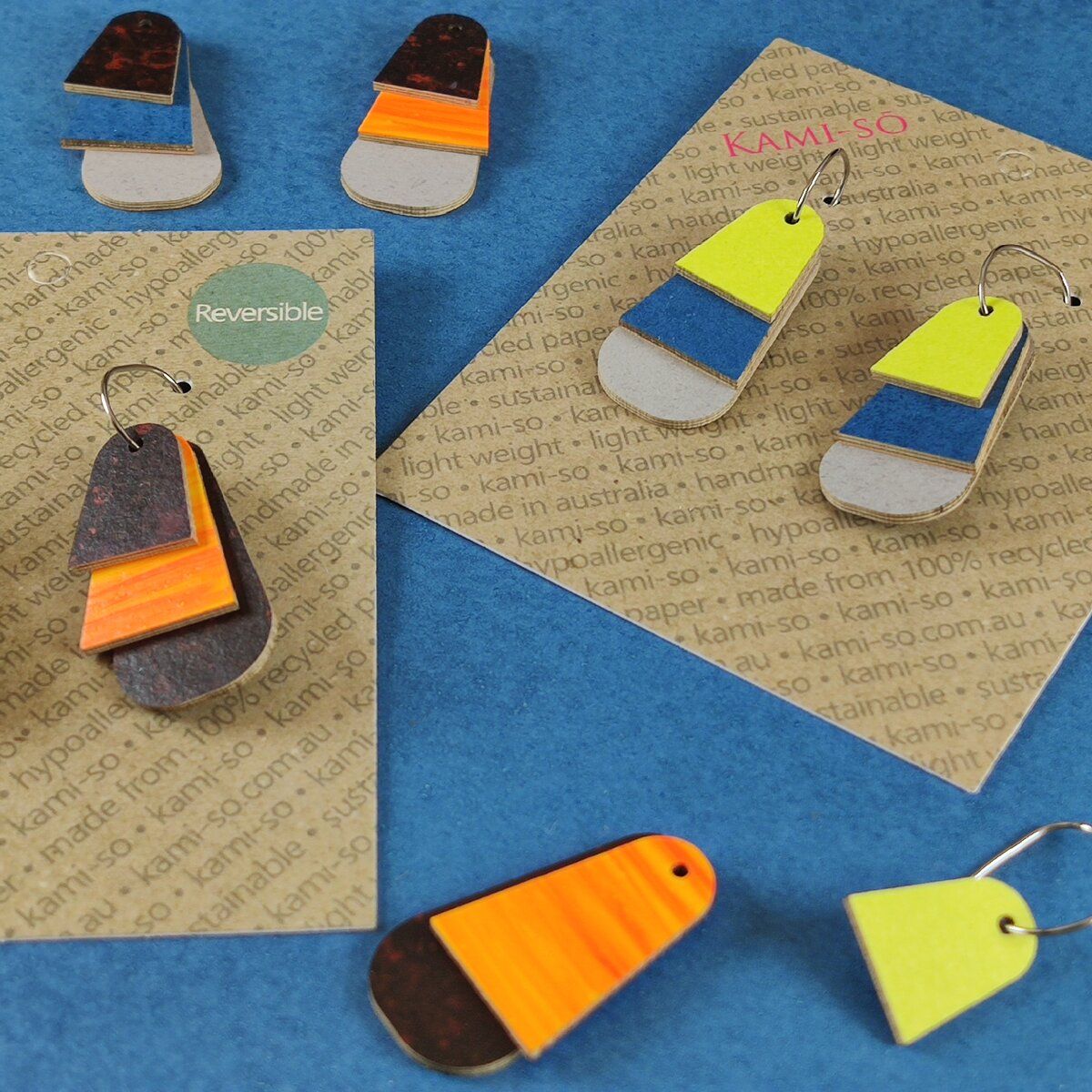 Reverse-A-Tile Fan Triangle Recycled Paper Earrings - Black & Orange / Lime, Blue & Light Grey
