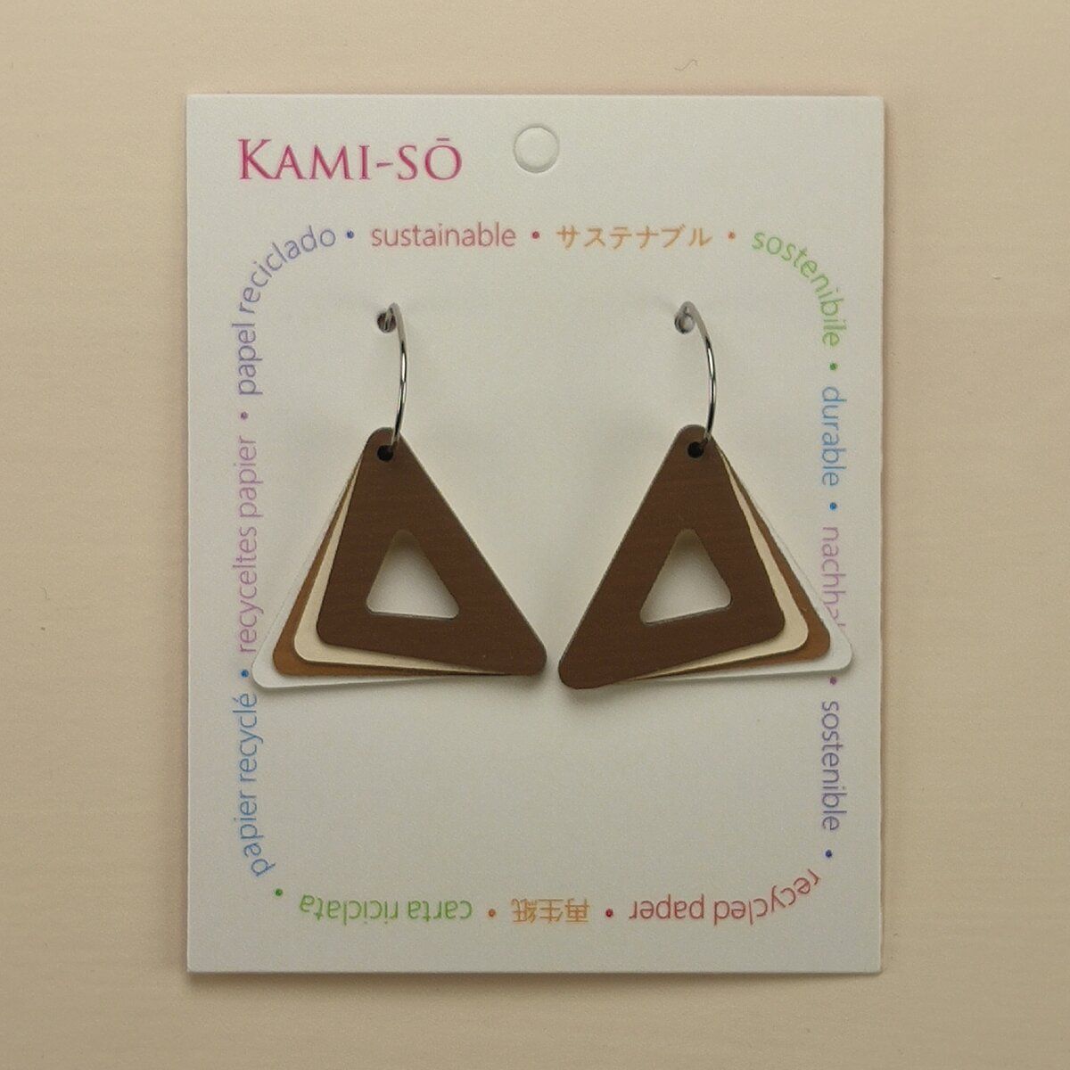 Triangle Hoop Layered Recycled Paper Earrings - Brown & Cream
