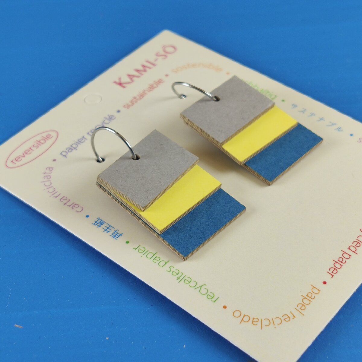 Reverse-A-Tile Fan Rectangle Recycled Paper Earrings - Earthy Mix & Blue / Light Grey, Yellow & Blue