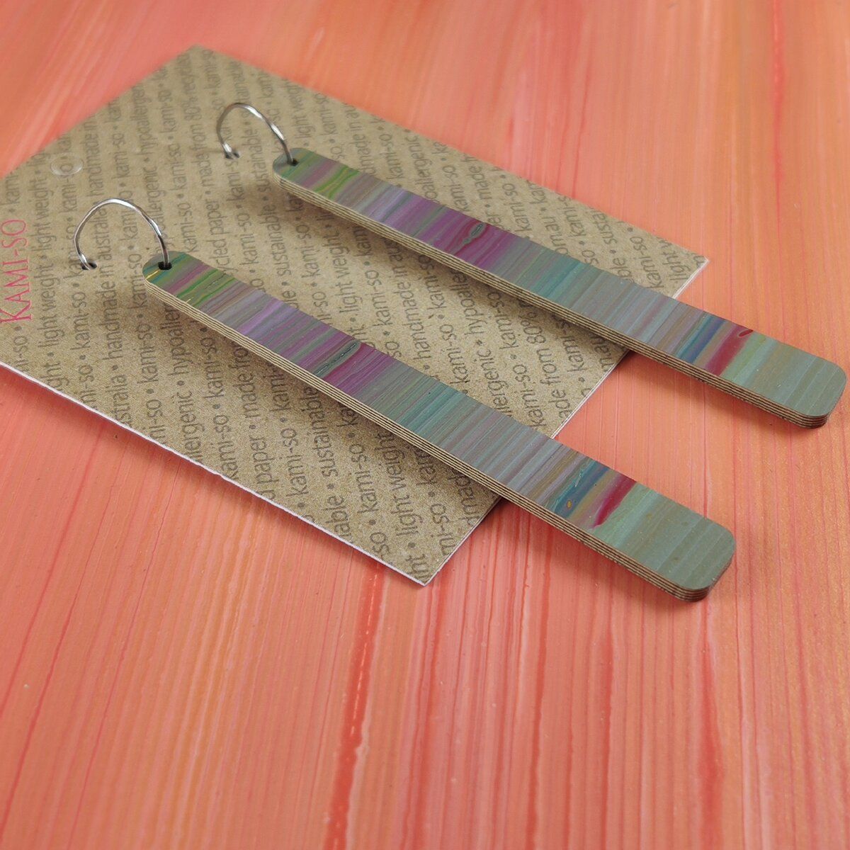 Reversible Paddle Recycled Paper Earrings - Muted Multicolour Stripes / Peach Stripes