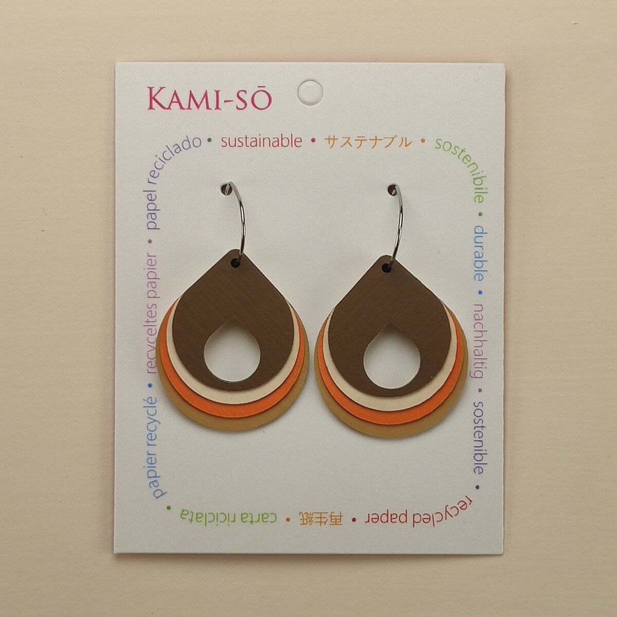 Circle Hoop Layered Recycled Paper Earrings - Brown, Tan & Orange