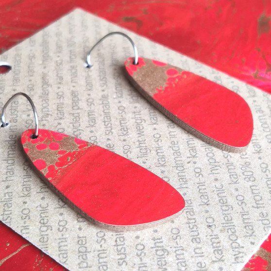 Oval Recycled Paper Earrings - Dark Red & Gold