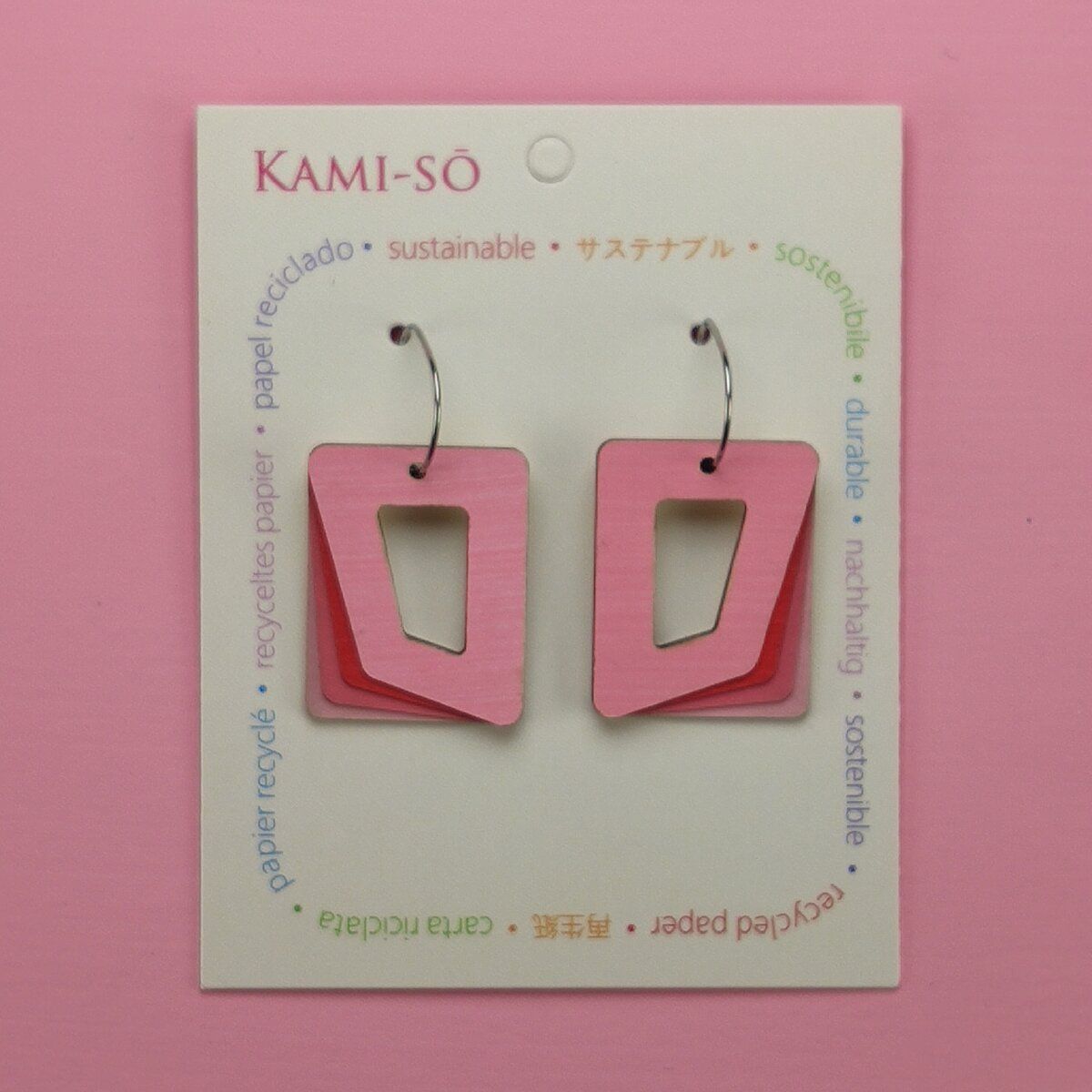 Rectangle Hoop Layered Recycled Paper Earrings - Pink & Red