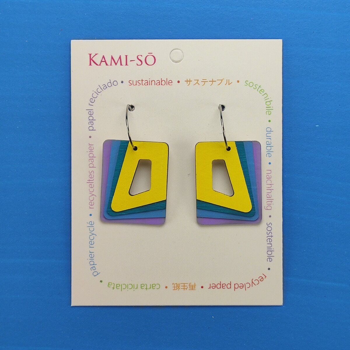Rectangle Hoop Layered Recycled Paper Earrings - Yellow, Blue & Purple
