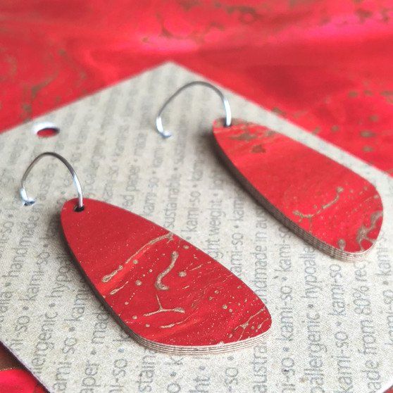Oval Recycled Paper Earrings - Dark Red & Gold