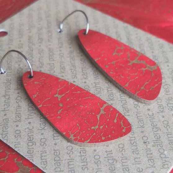 Oval Recycled Paper Earrings - Dark Red & Gold