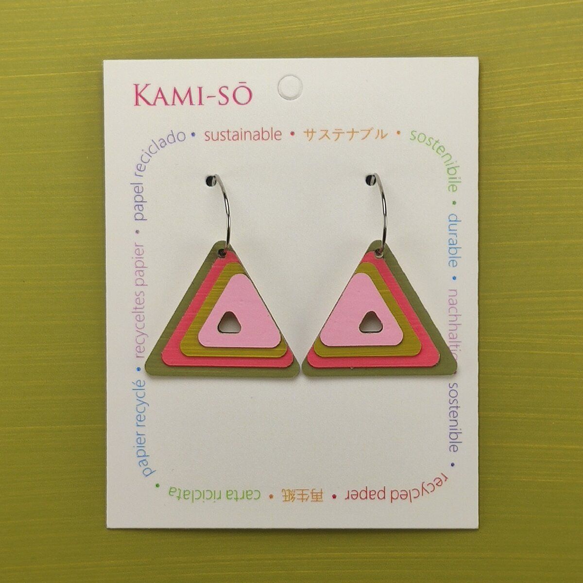 Triangle Hoop Layered Recycled Paper Earrings - Pink & Olive
