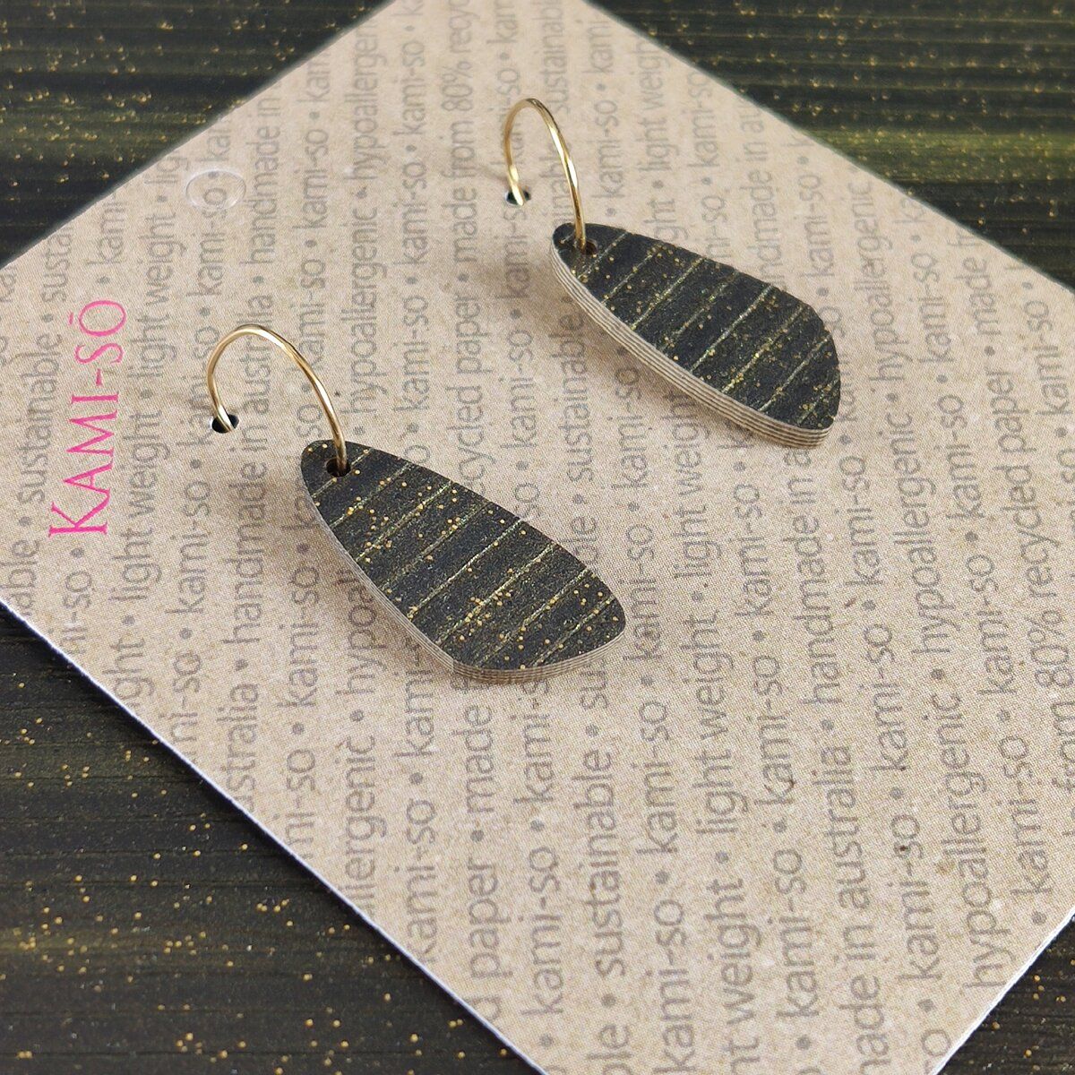 Oval Recycled Paper Earrings - Black & Gold Stripe