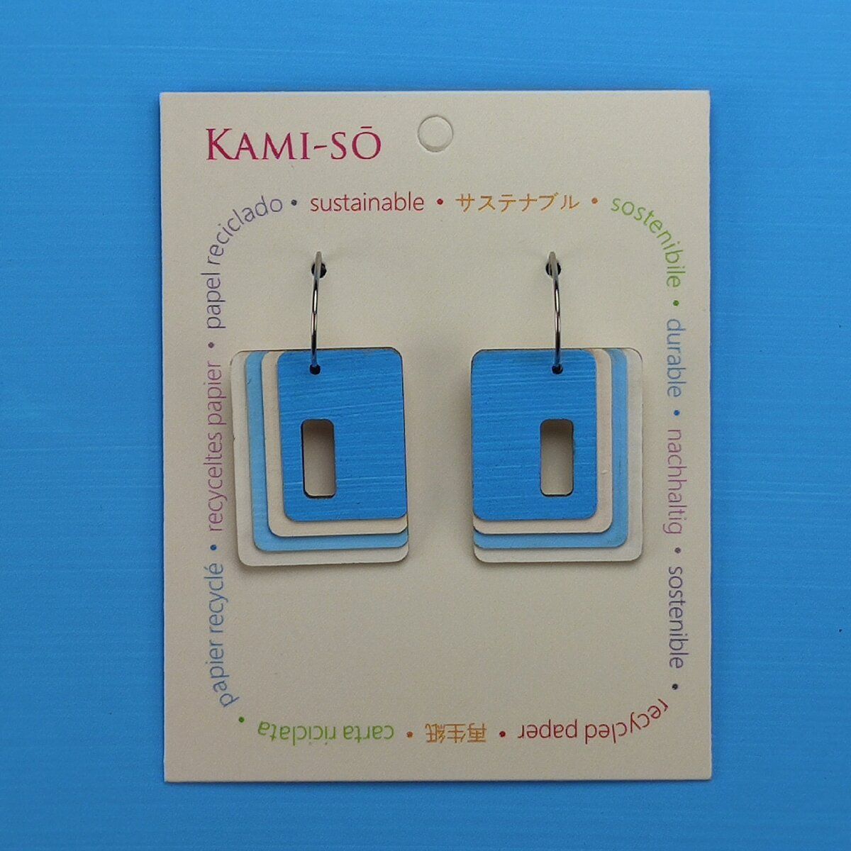 Rectangle Hoop Layered Recycled Paper Earrings - Blue & White