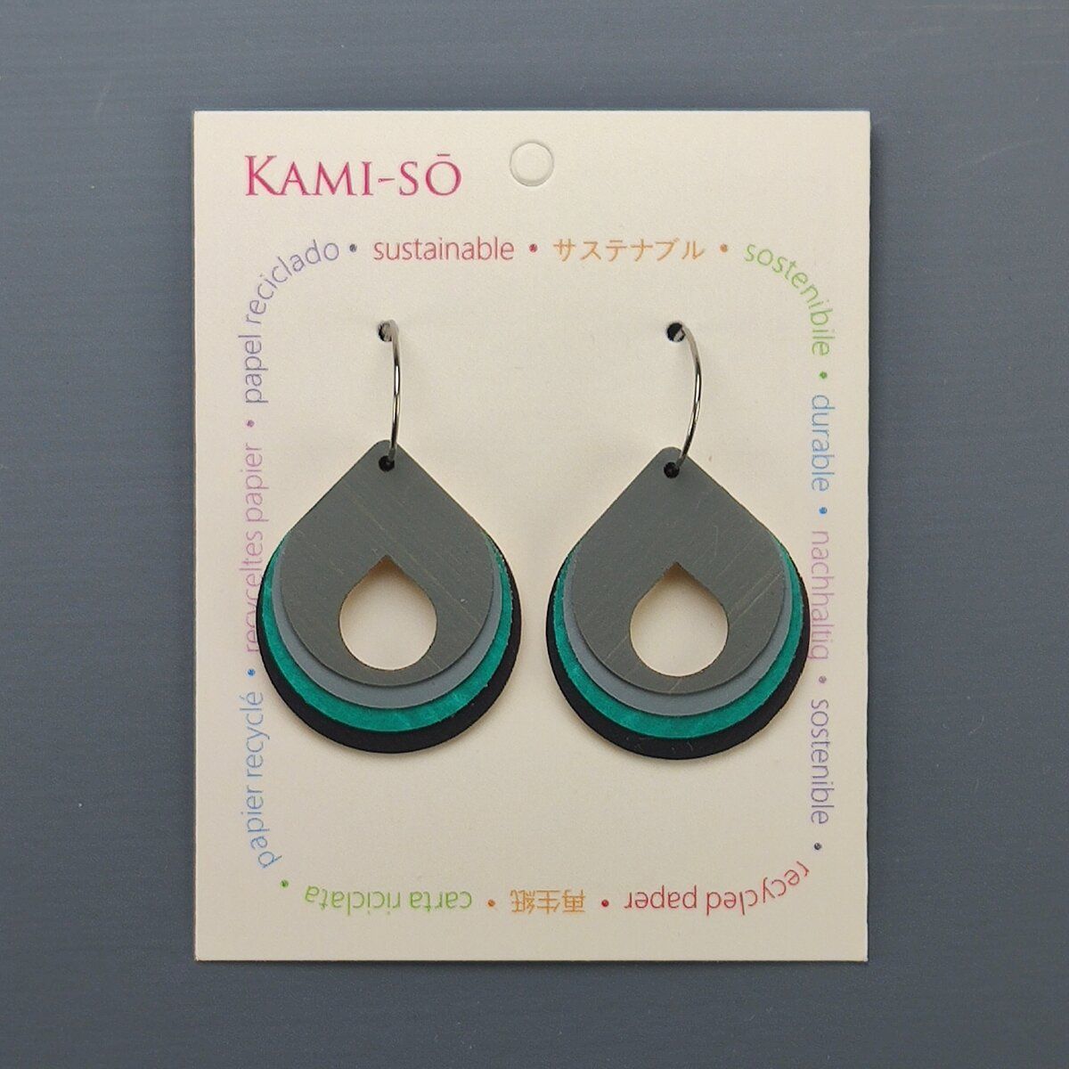 Circle Hoop Layered Recycled Paper Earrings - Grey, Green, Black
