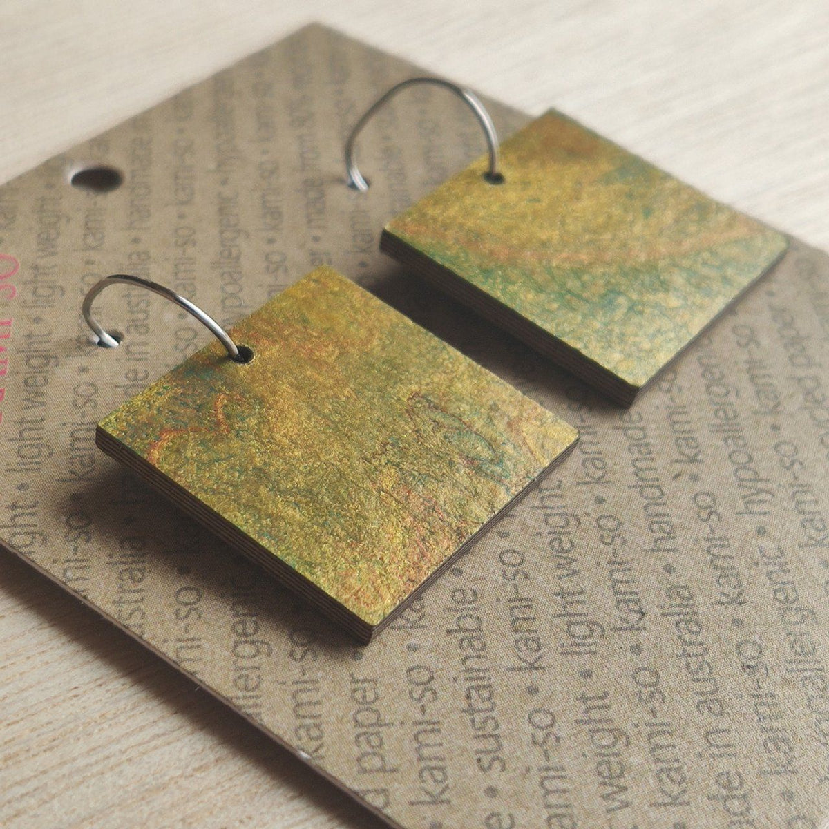 Reversible Square Recycled Paper Earrings - Gold / Purple