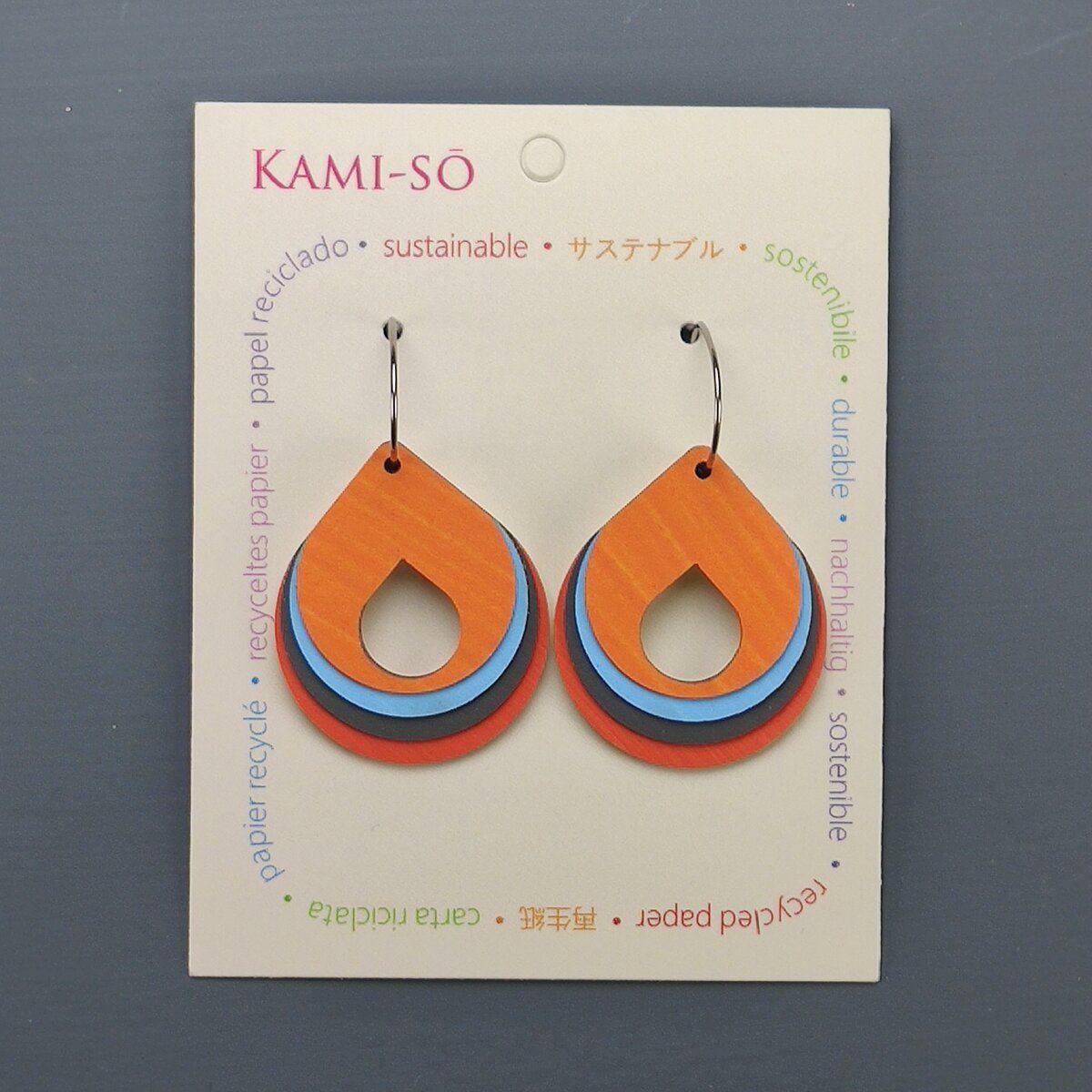Circle Hoop Layered Recycled Paper Earrings - Orange, Blue & Grey