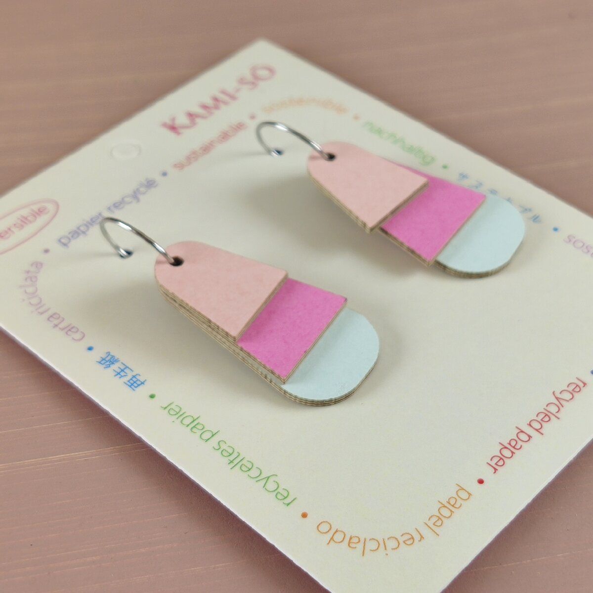 Reverse-A-Tile Fan Triangle Recycled Paper Earrings - Gold & Apricot / Blush, Pink & Pale Blue