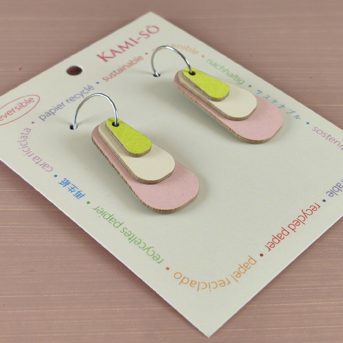 Reverse-A-Tile Expanding Triangle Recycled Paper Earrings - Dark Gold & Indigo / Lime, Cream & Blush