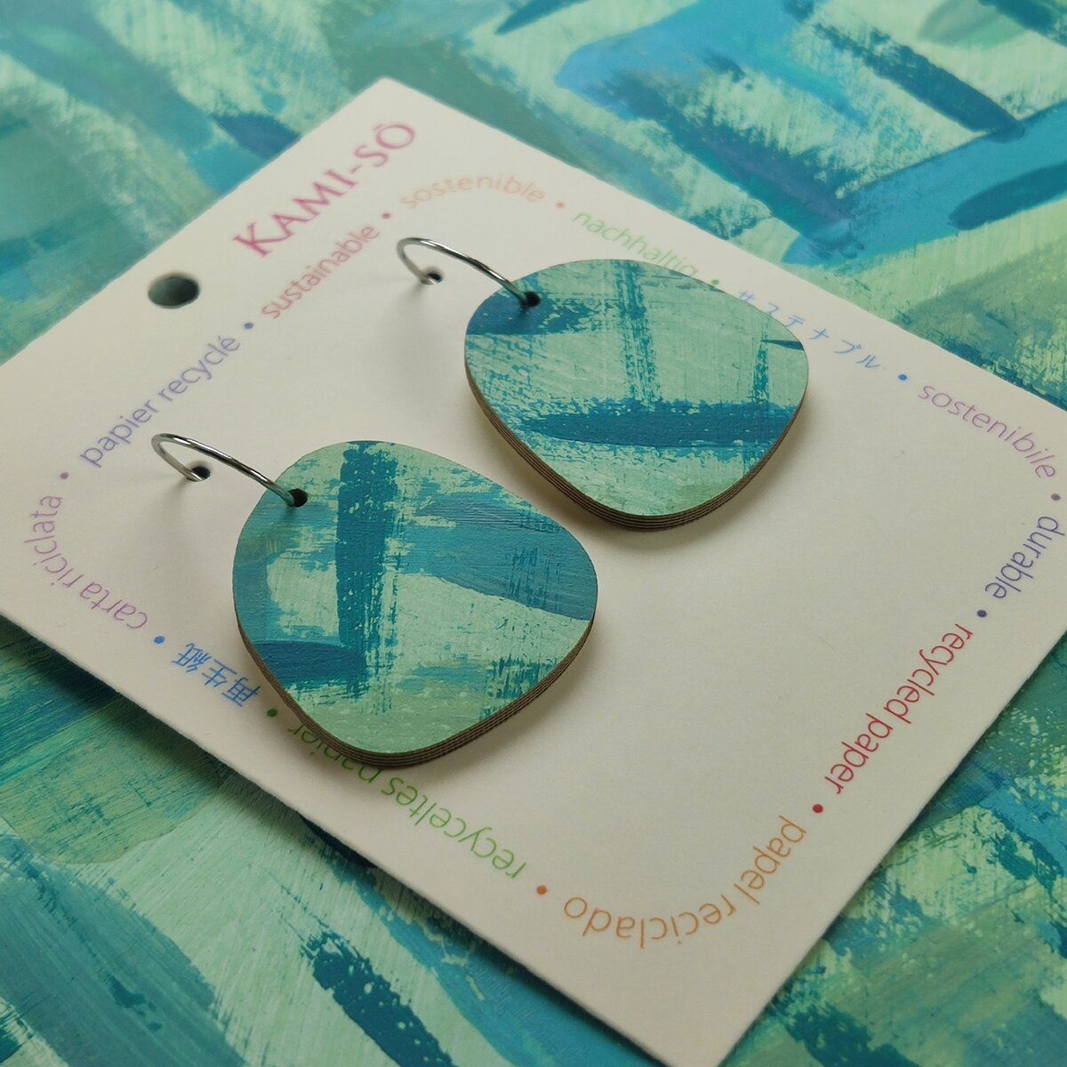 Square Recycled Paper Earrings - Green & Blue