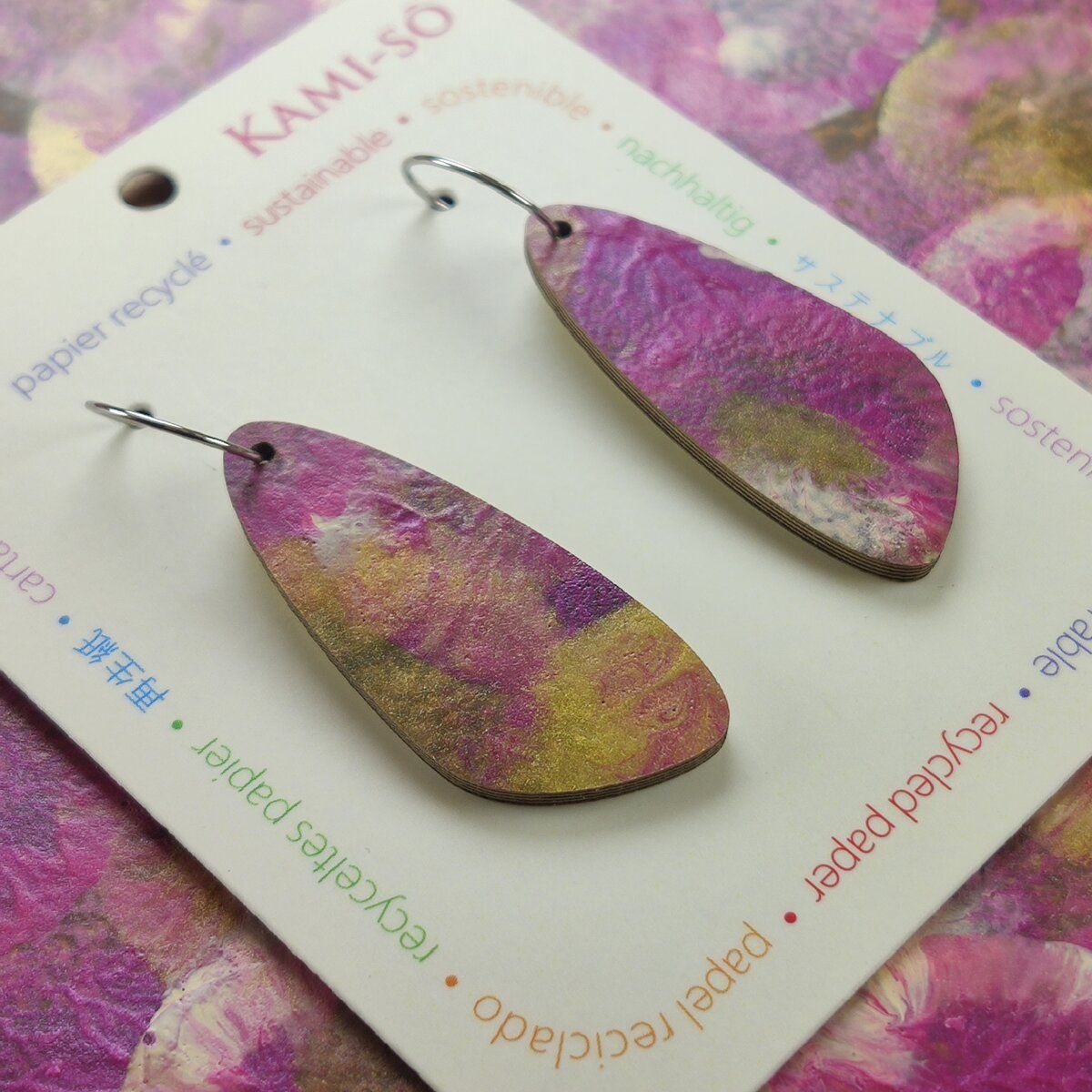 Oval Recycled Paper Earrings - Magneta, Gold & White