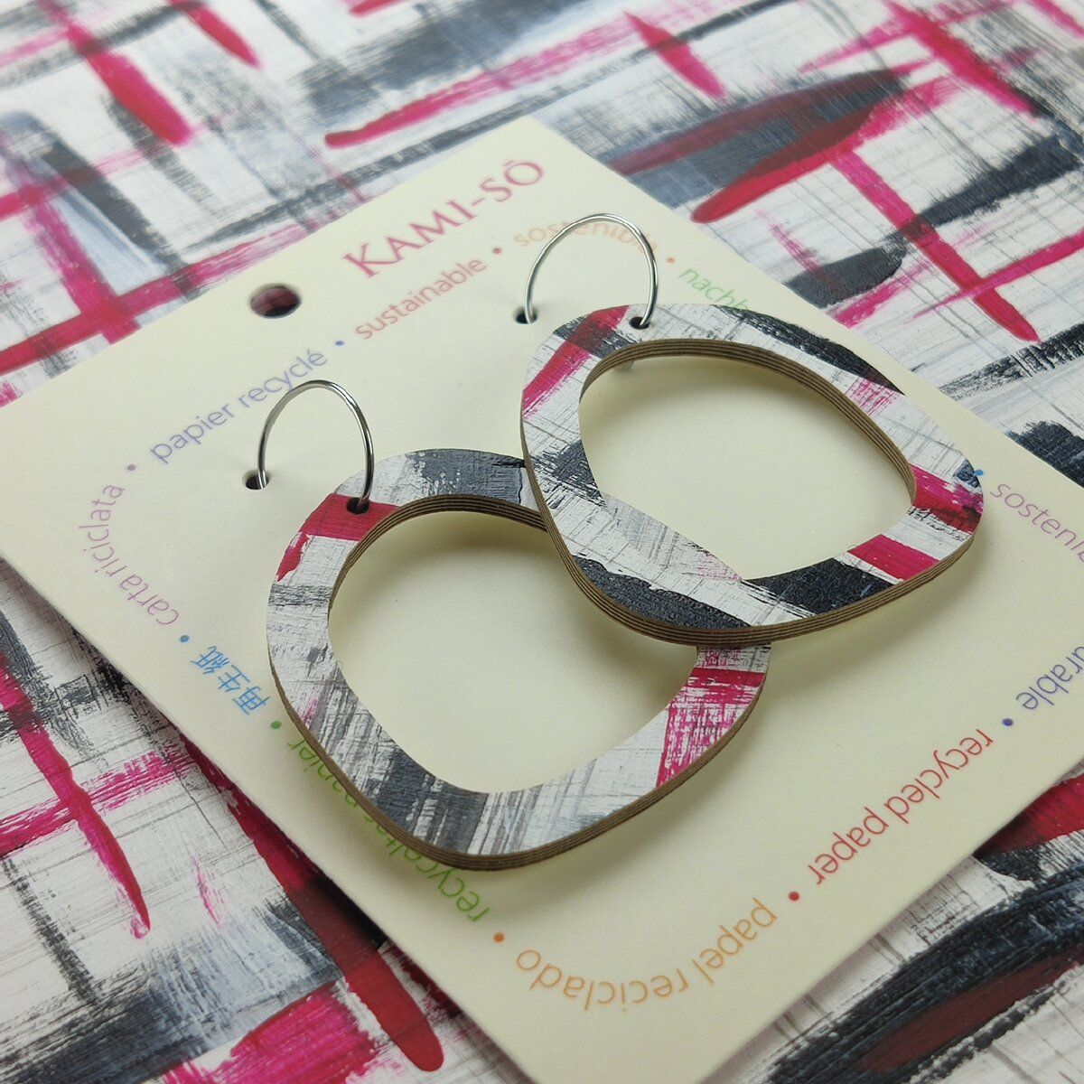 Square Recycled Paper Earrings - Black, Red & White