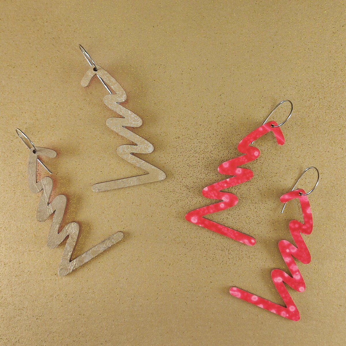Reversible Christmas Tree Recycled Paper Earrings - Gold / Red