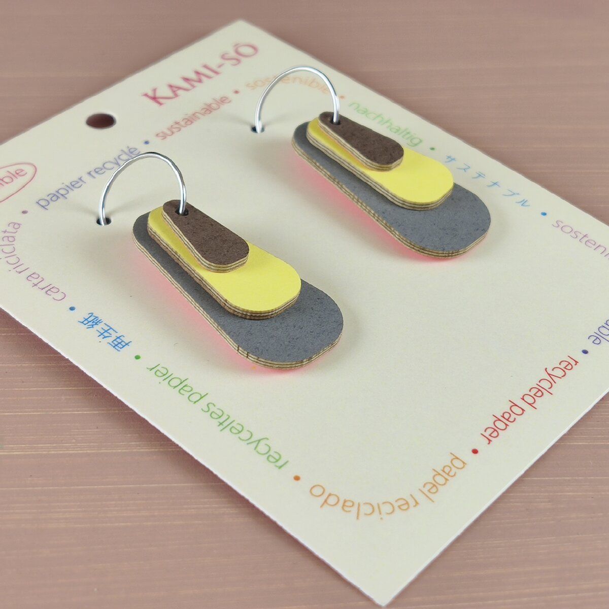 Reverse-A-Tile Expanding Triangle Recycled Paper Earrings - Pink & Gold / Chocolate, Yellow & Grey