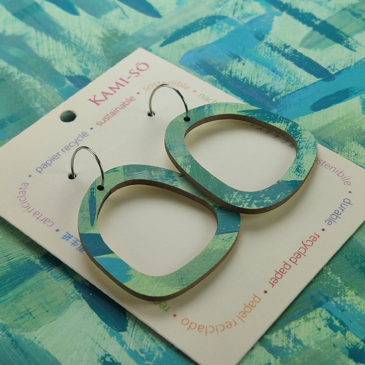 Square Recycled Paper Earrings - Green & Blue