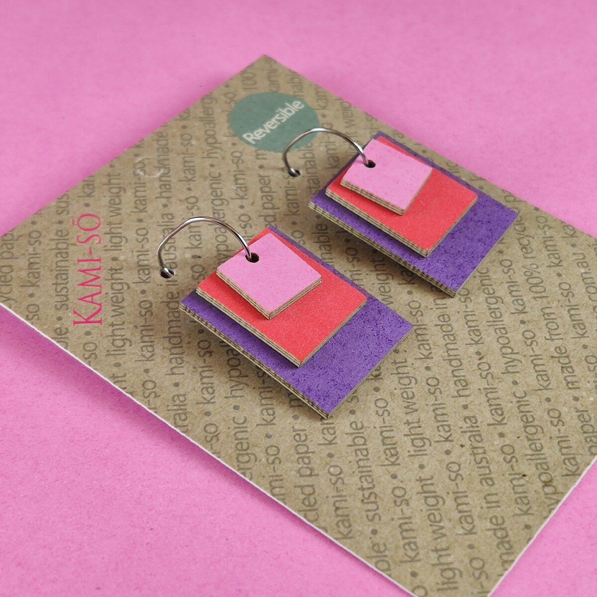 Reverse-A-Tile Expanding Rectangle Recycled Paper Earrings - Brown Stripe & Green / Pink, Red & Purple