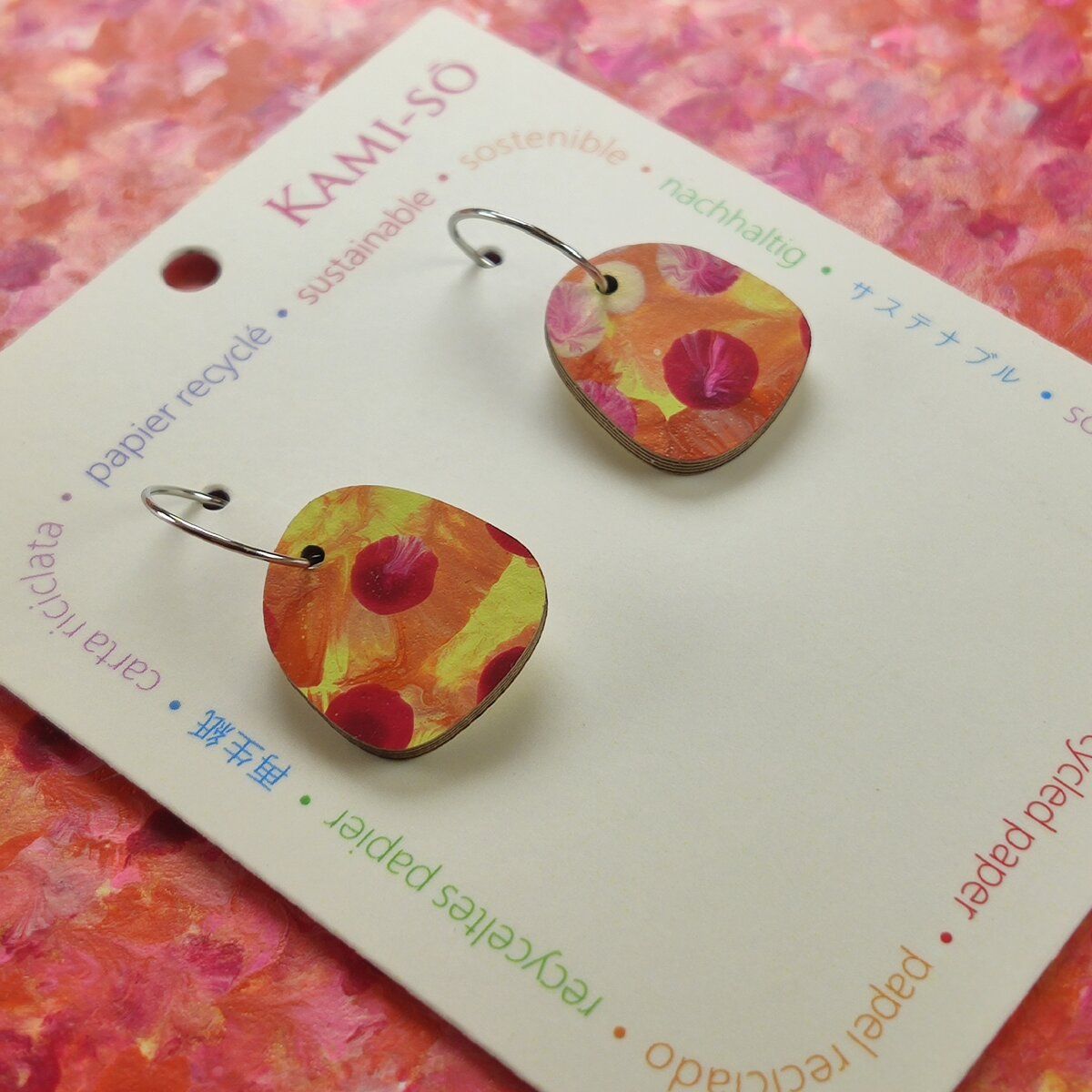 Square Recycled Paper Earrings - Orange, Yellow & Red