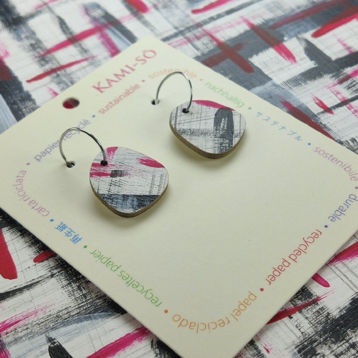 Square Recycled Paper Earrings - Black, Red & White