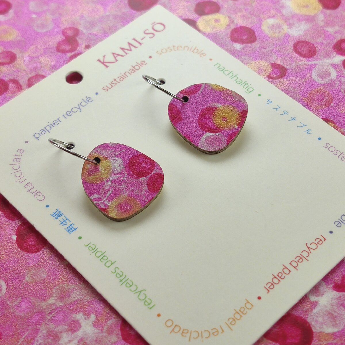 Mini Recycled Paper Earrings - Pink, Gold & White