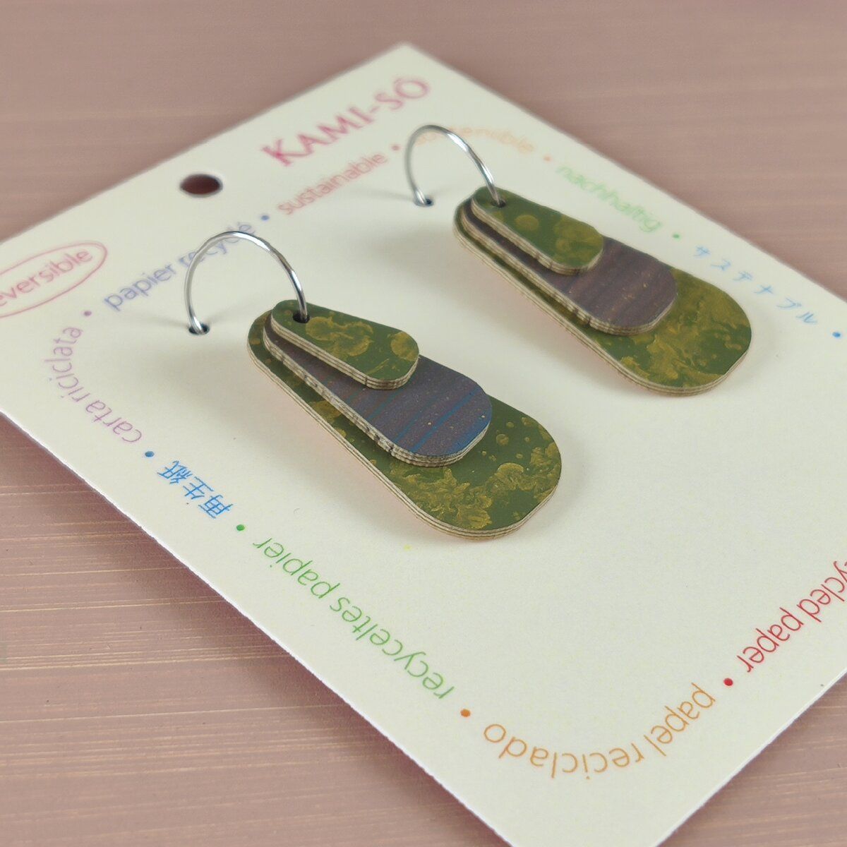Reverse-A-Tile Expanding Triangle Recycled Paper Earrings - Dark Gold & Indigo / Lime, Cream & Blush