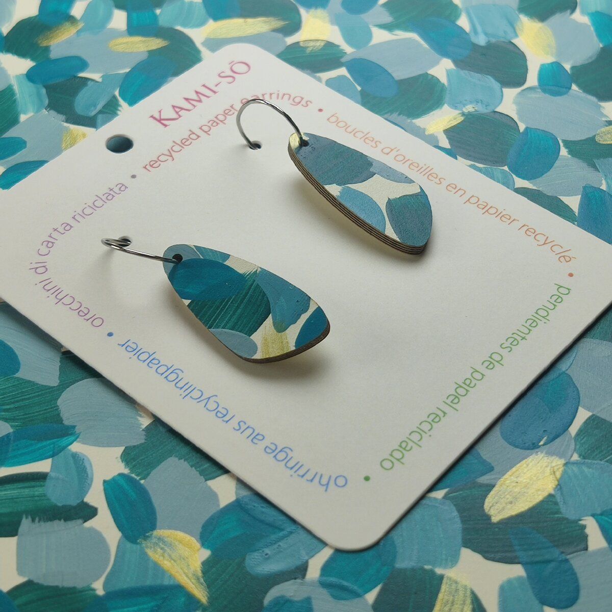 Oval Recycled Paper Earrings - Teal & Gold