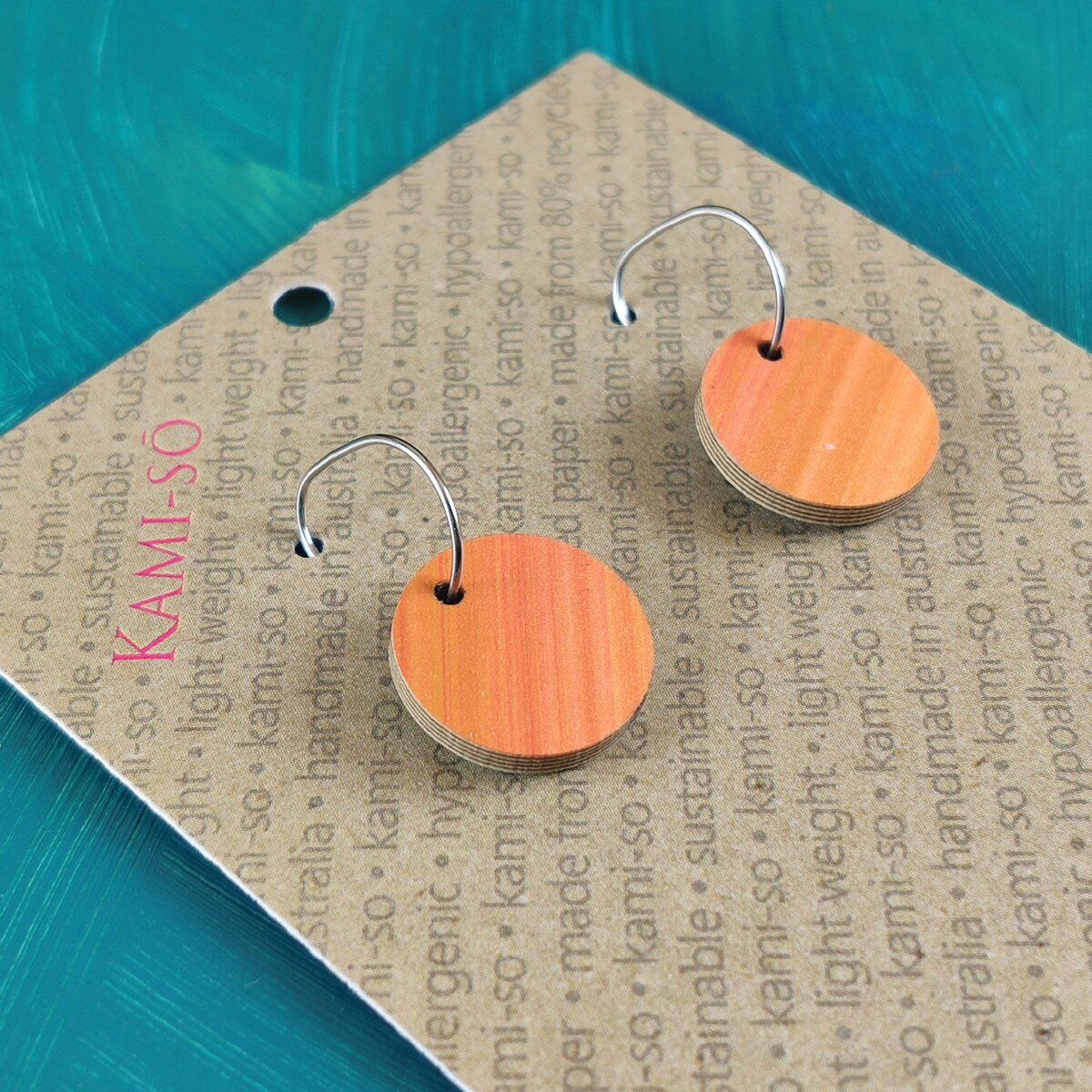 Reversible Circle Recycled Paper Earrings - Blue Green Swipe / Orange Stripes