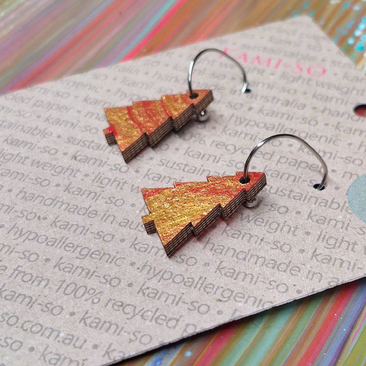 Reversible Christmas Tree Recycled Paper Earrings - Gold & Red / Multicolour Stripes