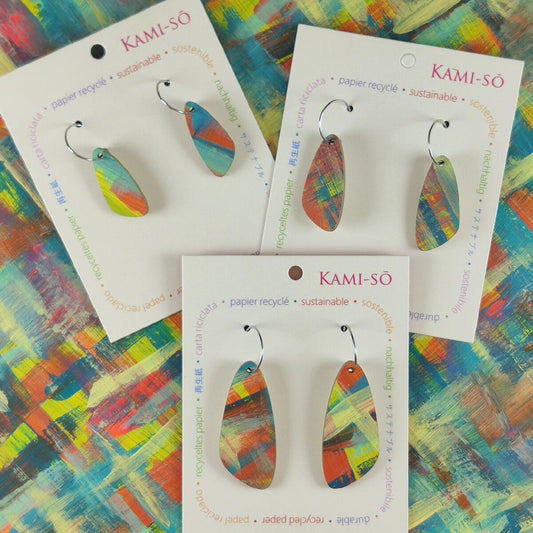 Oval Recycled Paper Earrings - Blue, Cream, Orange & Yellow Brushstrokes