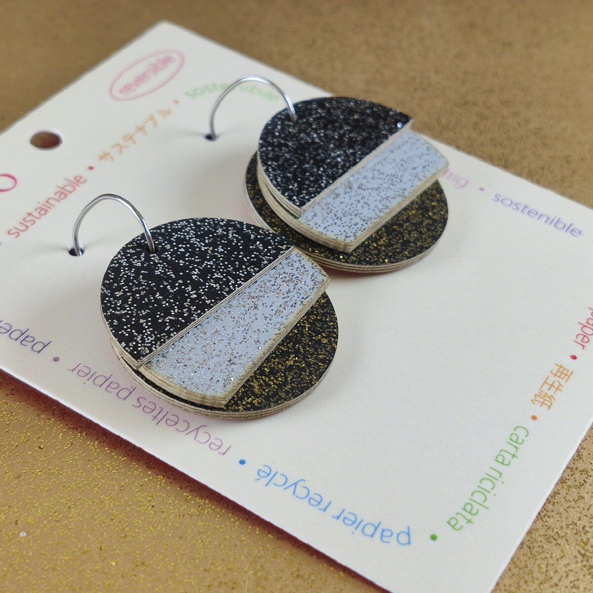 Reverse-A-Tile Fan Circle Recycled Paper Earrings - Red, Green, Silver, Gold & Black Sparkle