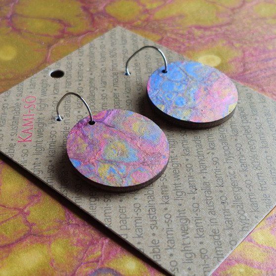 Reversible Circle Recycled Paper Earrings - Orange / Gold & Purple