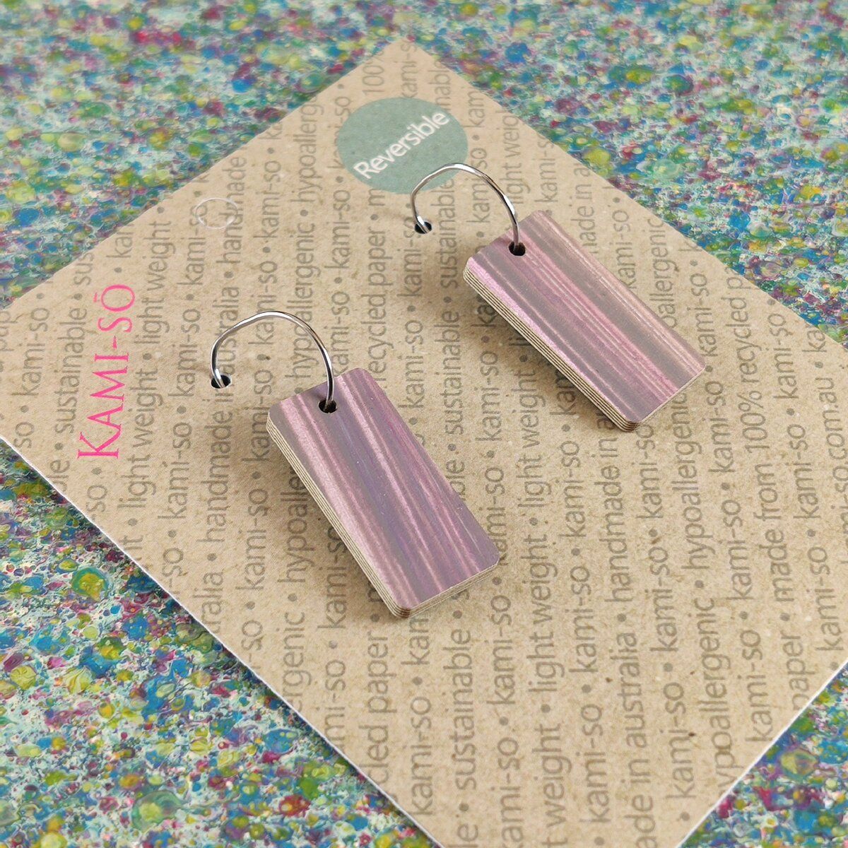 Reversible Rectangle Recycled Paper Earrings - Violet Multicolour Stripe / Blue Green Speckle
