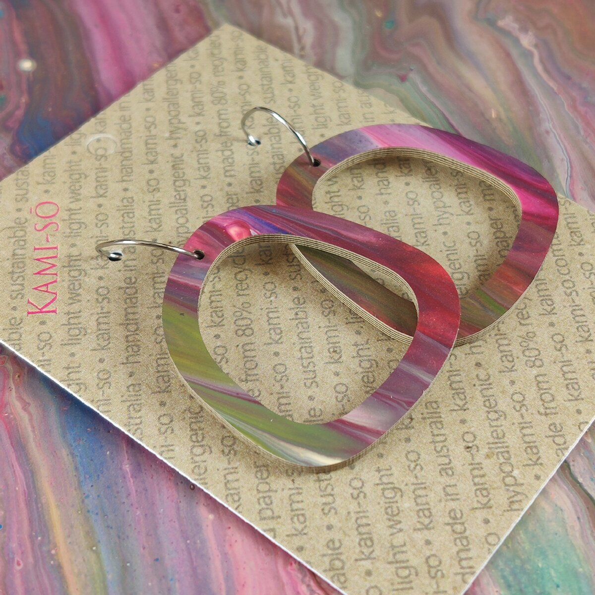 Square Recycled Paper Earrings - Purple & Red Multicolour