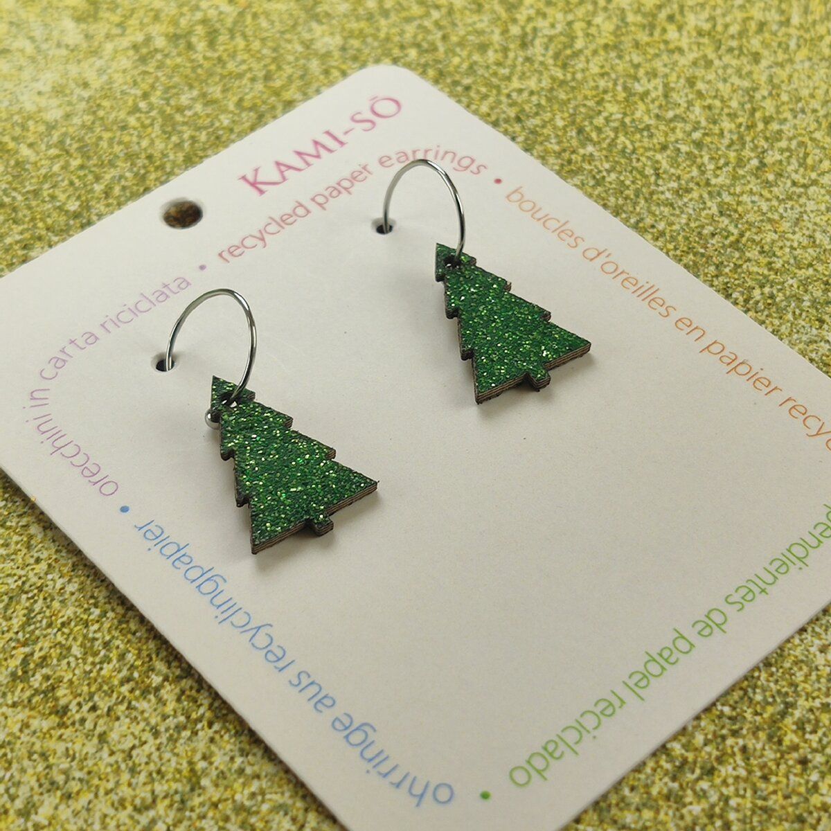 Reversible Christmas Tree Recycled Paper Earrings - Green Sparkle / Gold Sparkle
