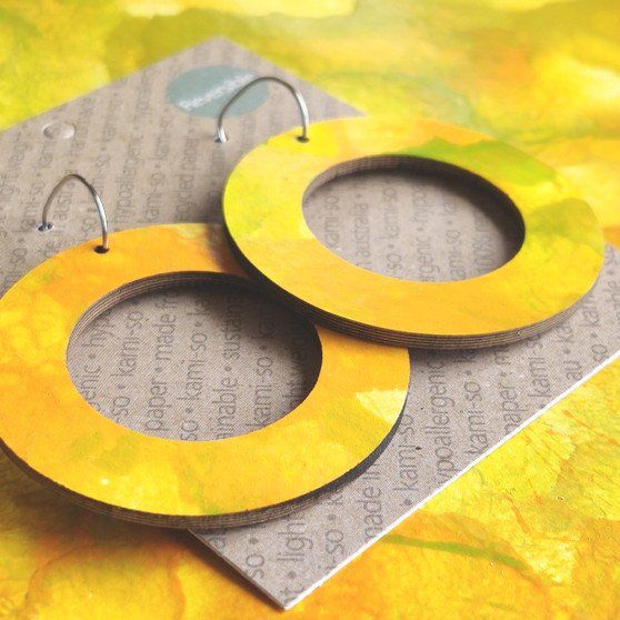 Reversible Circle Recycled Paper Earrings - Citrus / Burgundy & Gold