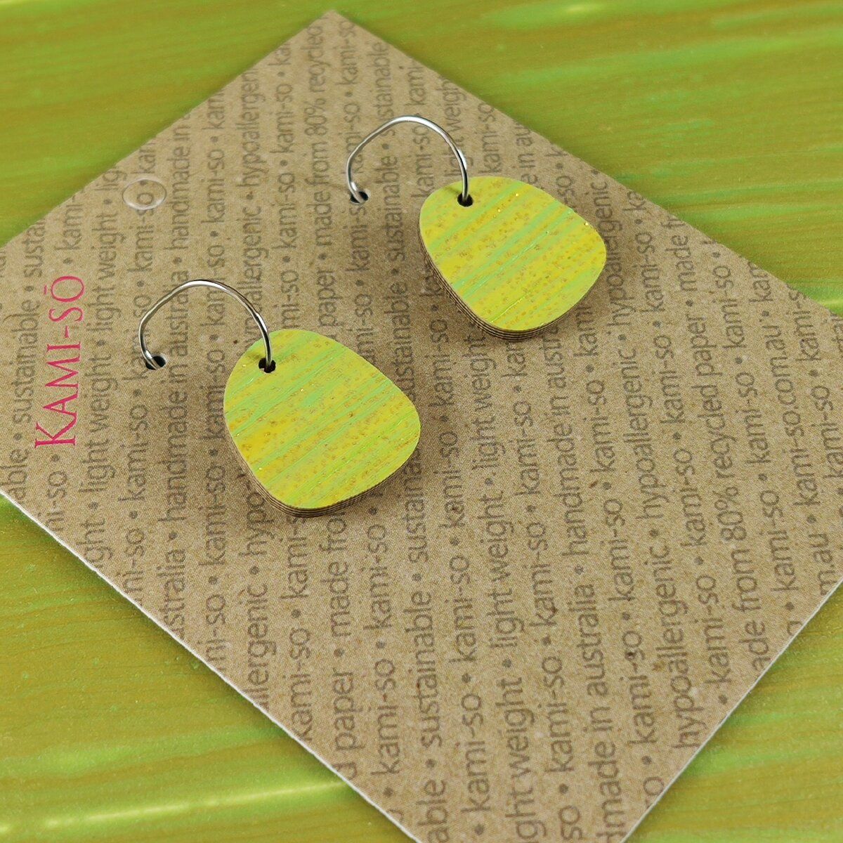 Mini Recycled Paper Earrings - Green & Gold Stripe