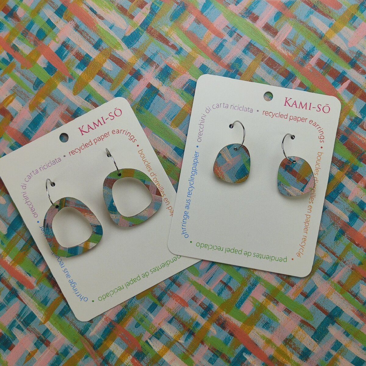 Mini Recycled Paper Earrings - Blue Multicolour