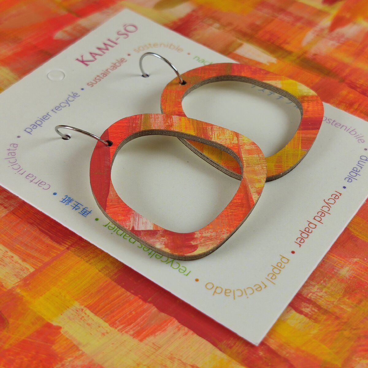 Square Recycled Paper Earrings - Orange, Red, Yellow & Gold Brushstrokes