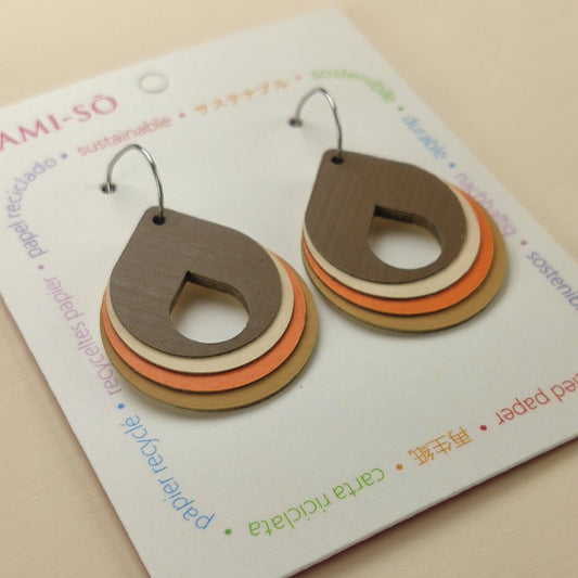 Circle Layered Recycled Paper Earrings - Brown, Tan & Orange