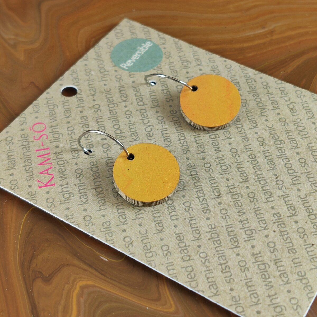 Reversible Circle Recycled Paper Earrings - Brown / Gold & Red